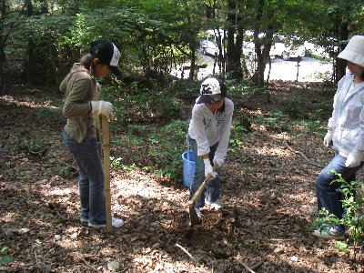 植栽する子供たち